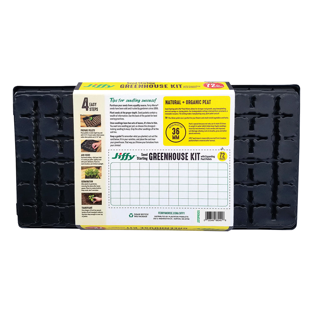 A Jiffy brand seed starting greenhouse kit with 72 cell 36mm peat pellets, a clear humidity dome